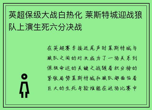 英超保级大战白热化 莱斯特城迎战狼队上演生死六分决战